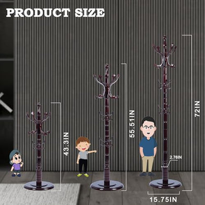 Coat Racks FreeStanding with 14 Hooks, Natural Wood Coat Rack with Solid Round Base, Adjustable Height Coat Racks, Easy Assembly for Hallway, Bedroom and Office (Rosewood Ruyi Hook) - color: Rosewood Ruyi Hook