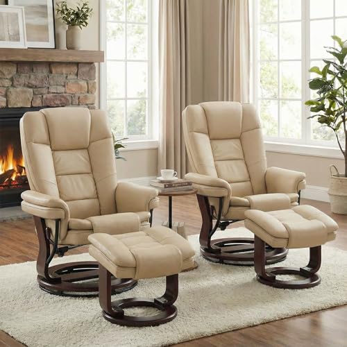 Swivel Recliner Chair with Ottoman Reclining Lounge Sofa Footrest, Set of 2 | 360°Sturdy Wood Base, Soft Faux Leather, Upholstered Ultra-Plush Foam, Modern Armchair, Living Room Bedroom Office Reading - color: Beige, size: Set of 2
