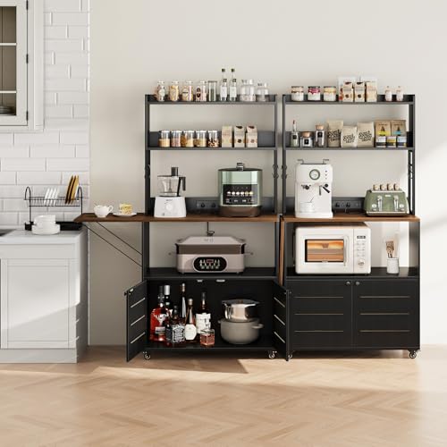 Bakers Rack with Power Outlet and Storage, 5-Tier Microwave Stand | Farmhouse Kitchen Hutch with Cabinet and Wheels, Coffee Bar with Foldable Side Table, Storage Shelves, 6 Hooks, Black - color: Black