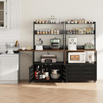 Bakers Rack with Power Outlet and Storage, 5-Tier Microwave Stand | Farmhouse Kitchen Hutch with Cabinet and Wheels, Coffee Bar with Foldable Side Table, Storage Shelves, 6 Hooks, Black - color: Black