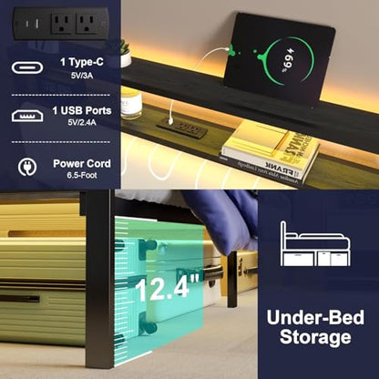J.Fkne Twin Bed Frames with LED Lights & Charging Station, Metal Platform Frame with Upholstered Headboard, No Box Spring Needed, Noise Free, Easy Assembly - size: Twin, style: Minimalist
