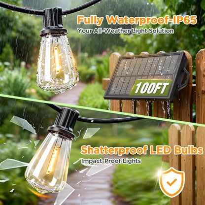 100FT Solar String Lights Outdoor Waterproof with Remote & Timer, LED Shatterproof ST38 Bulbs, USB & Solar Powered Patio Lights for Backyard, Porch, Garden, Wedding Decor, Dusk to Dawn Lighting - size: 100FT