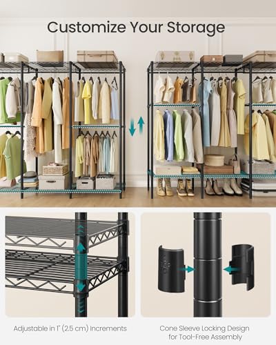 SONGMICS Clothing Rack, Heavy-Duty Garment Rack, Adjustable Storage Shelves | Freestanding Portable Wardrobe Closet, Hanging Rails, Ink Black, DALTEN Collection ULGR436B01 - size: 70.9"W x 70.5"H, style: Without Fabric Cover