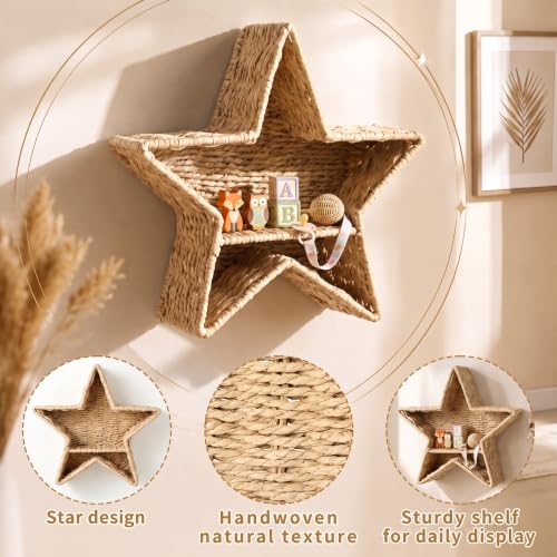 Star Nursery Wall Shelf Decor Boho Rattan Wicker Floating Shelves Handwoven Natural Rattan Hanging Organizer Storage Basket for Small Books Toys Nursery Bathroom Living Room Bedroom Corner - style: Star