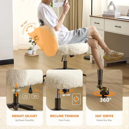 VINGLI Plush Upholstery Vanity Desk Chair with Curved Back & 90-102° Tilt &Adjustable Height, Cute Rolling Chair with Bronze Base & Golden-Bronze 360° Swivel Wheels for Makeup &Home Office,White Cream - color: White Cream