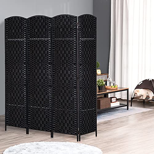 Folding Room Divider, 6Ft Tall Privacy Screen, Hand-Woven Wicker Style Freestanding Wall Partition for Home Office Bedroom, No Assembly Required - color: Black, size: 4 Panel