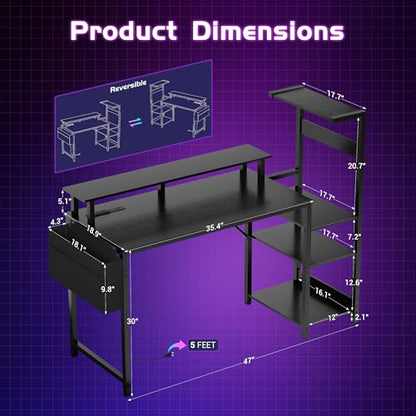 Gaming Desk 47 Inch Computer Table with Storage Shelves & Monitor Stand | LED Setup Style, PC Tower Stand, Reversible Workstation, USB Charging Port, for Home Office Desk, Bedroom, Dorm, Black - size: 47inch