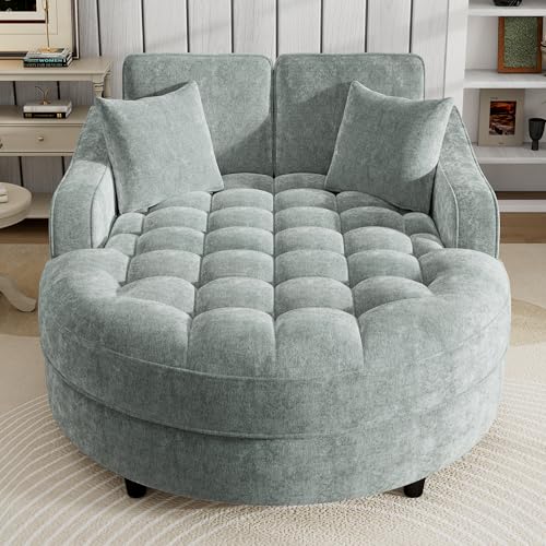 55" Modern 2-Seater Chaise Lounge Sofa Bed - Chenille Upholstered Loveseat Couch with Tufted Seat & Detachable Pillows, Space-Saving Sleeper Sofa (Green) - color: Green