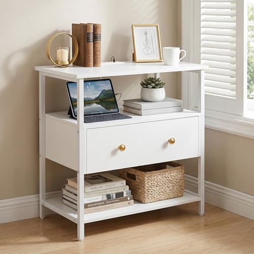 Edbuosy 27" Wide Nightstand with Charging Station & Drawer, White | Small Dresser for Closet, 2 AC Outlets & 2 USB Ports, Open Shelf, Adjustable Feet, Wood Nightstand for Living Room or Bedroom - color: White, size: 1 Drawer