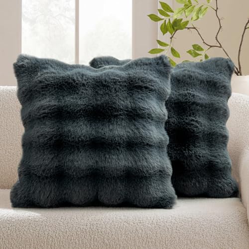 MIULEE 2 Pieces Decorative Cushion Covers Artificial Plush Cover Wave Decoration Living Room Cushions for Sofa Bedroom Grey 40 x 40 cm - size: 15.7" x 15.7" (Pack of 2)