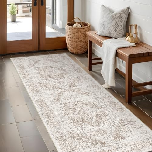 2x5 Washable Runner Rug: Vintage Medallion Kitchen Soft Rugs IvoryBeige | Non Slip Pet Friendly Water Resistant Low Pile Design Easy Clean Durable for Entryway Hallway and Indoor High Traffic Areas - color: Ivory/Beige, size: 2x5