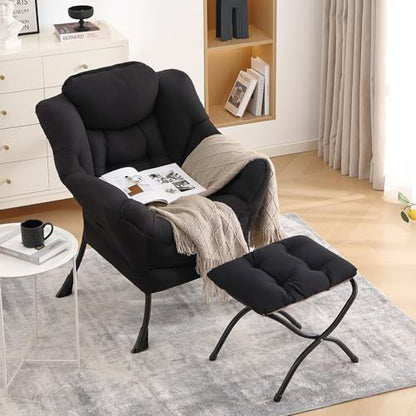 Lazy Chair with Ottoman, Comfy Accent Reading Chair, Black | Foldable Footrest,Removable Cover,with Armrests and Side Pockets,Upholstered Lounge Chair for Bedroom,Dorm,Office,Small Space - color: Black