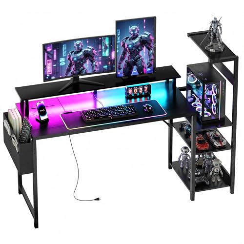 Gaming Desk 54 Inch Computer Table with Storage Shelves & Monitor Stand | LED Setup Style, PC Tower Stand, Reversible Workstation, USB Charging Port, for Home Office Desk, Bedroom, Dorm, Black - size: 54inch