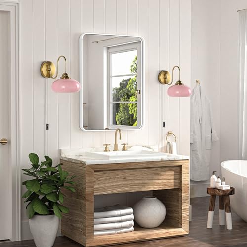 KCO Lighting Modern Pink Glass Wall Light Set of 2 Plug in Antique Brass Wall Sconce Pink and Gold Wall Sconces Bathroom Vanity Light Fixtures Plug in - color: Pink-2PC