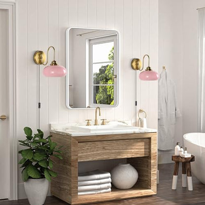 KCO Lighting Modern Pink Glass Wall Light Set of 2 Plug in Antique Brass Wall Sconce Pink and Gold Wall Sconces Bathroom Vanity Light Fixtures Plug in - color: Pink-2PC