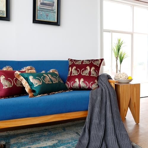 Lumbar Decorative Throw Pillow Cover with Tassels Leopard Pattern Cushion Cover Luxury Style Soft Velvet Pillowcase for Sofa Couch Bedroom (18"x18",Wine Red) - color: Wine Red, size: 18" x 18" (Pack of 1)