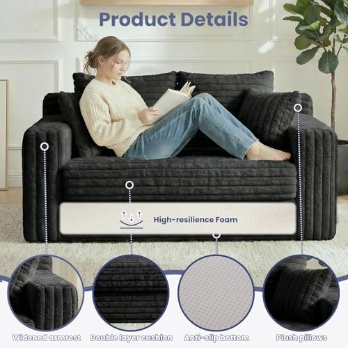 3-in-1 Convertible Sofa Bed: Boneless Loveseat Sleeper & Folding Couch Bed with 4 Pillows & Detachable Cushion,Furry Futon Couch for Bedroom,Apartment,Office and Living Room, No Assembly,Black - color: D-black, size: Loveseat Sofa