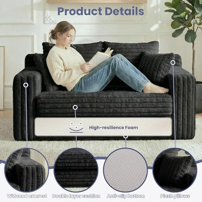 3-in-1 Convertible Sofa Bed: Boneless Loveseat Sleeper & Folding Couch Bed with 4 Pillows & Detachable Cushion,Furry Futon Couch for Bedroom,Apartment,Office and Living Room, No Assembly,Black - color: D-black, size: Loveseat Sofa