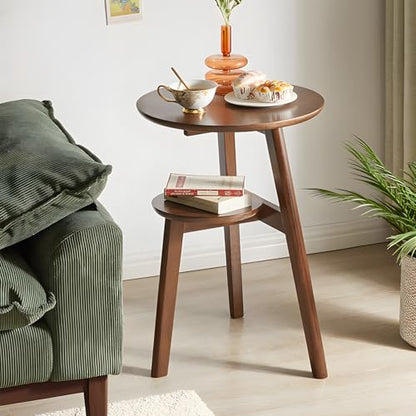 Side Table, 2-Tier Round End Tables Living Room, Mid Century Modern Side Table, Round Nightstand, Oak Accent Table, Small Round Coffee Table, 16.54" Dia.x 23.62" H(Walnut) - color: Walnut
