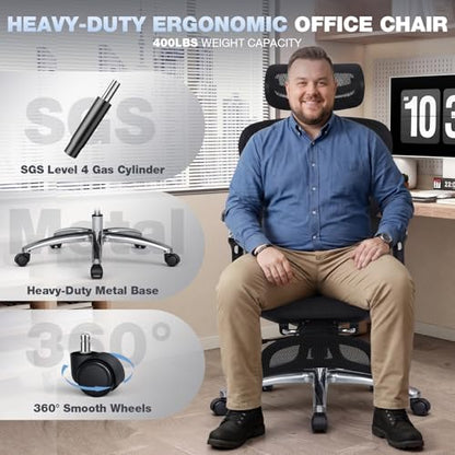 MALOL Ergonomic Office Chair, 400lbs High Back Mesh Desk Chair with 6D Armrests, 3D Headrest, Adjustable Lumbar Support, Seat Depth Adjustment, Tilt Lock, Metal Base & PU Wheels, Black - color: Black