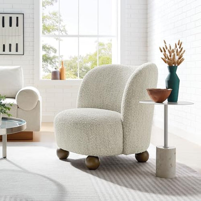 Modway Monroe Boucle Accent Chair in Pearl Walnut - Upholstered Fabric Barrel Chair - Comfy Teddy Chair - Oversized Round Armless Reading Chair for Living Room, Bedroom - color: Pearl Walnut