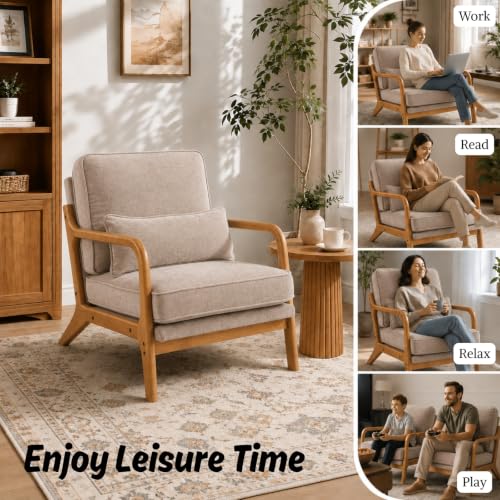 Karl home Mid-Century Modern Accent Reading Chair, Khaki | Chenille Upholstered, Solid Wood Frame, Soft Cushion, Lumbar Pillow, Lounge Armchair for Living Room, Bedroom, Balcony, Study - color: Chenille Khaki