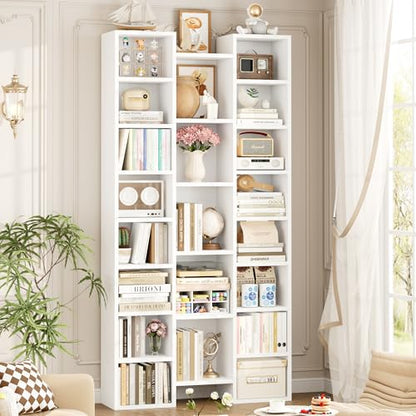 FOTOSOK 71'' H White Bookshelf with 21 Cubes, Triple Wide Tall Bookshelf | 8 Tier Bookcase with 8 Adjustable Shelves, Large Bookshelf DVD/CD Media Tower Storage, Freestanding Display Shelf Cabinet - color: White