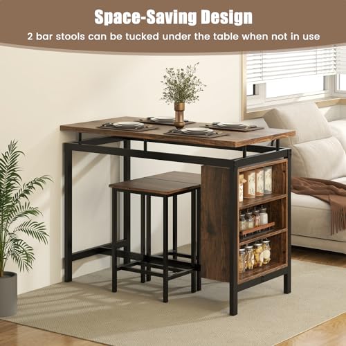 GIANTEX 3-Piece Dining Table Set - Counter Height Dining Table Set with 2 Bar Stools, 3-Tier Storage Shelf, Space-Saving Breakfast Nook Table Set for Small Places, Kitchen Table Chairs Set for 2