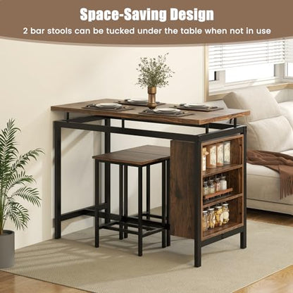 GIANTEX 3-Piece Dining Table Set - Counter Height Dining Table Set with 2 Bar Stools, 3-Tier Storage Shelf, Space-Saving Breakfast Nook Table Set for Small Places, Kitchen Table Chairs Set for 2