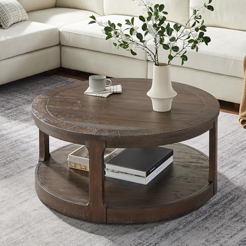 JUSTONE 40" Round Coffee Table for Living Room,2 Tier Traditional Round Circle Wooden Center Coffee Table,Rustic Industrial Coffee Table for Apartment, Easy Assembly (Brown) - color: 40'' Round - Brown