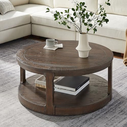 JUSTONE 40" Round Coffee Table for Living Room,2 Tier Traditional Round Circle Wooden Center Coffee Table,Rustic Industrial Coffee Table for Apartment, Easy Assembly (Brown) - color: 40'' Round - Brown