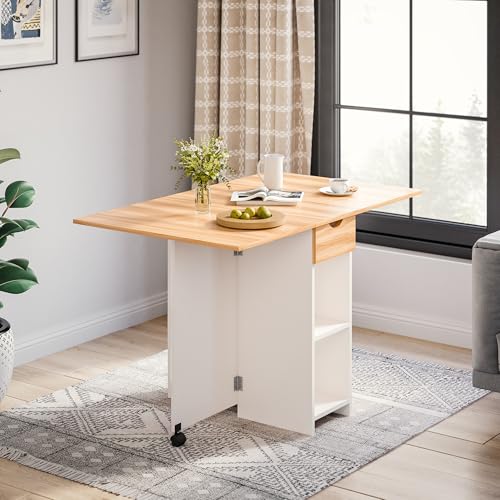 Mondeer Folding Dining Table, Drop Leaf Kitchen Table with 1 Drawer and 2 Open Storage Shelves Small Space Dining Room Kitchen Modern (White & Red Oak) | Storage Drawer and Open Shelves, Rolling Casters, for Small Space Kitchen Flat Dining Room, Red Oak a