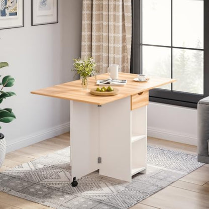 Mondeer Folding Dining Table, Drop Leaf Kitchen Table with 1 Drawer and 2 Open Storage Shelves Small Space Dining Room Kitchen Modern (White & Red Oak) | Storage Drawer and Open Shelves, Rolling Casters, for Small Space Kitchen Flat Dining Room, Red Oak a