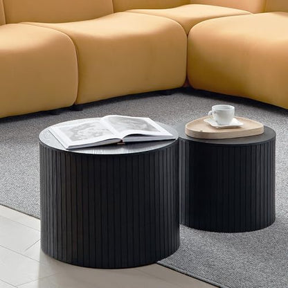 Round Nesting Coffee Table Set of 2, Wood Side Tables with Storage | Fluted Walnut Accent and End Tables Sets, Mid Century Modern, Living room, bedroom, office, small spaces, Black - color: Black With Storage