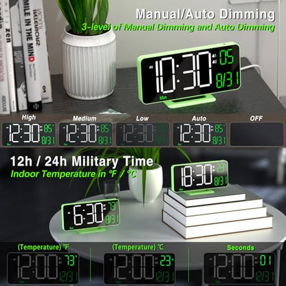 Small Digital Clock, 6.7in Alarm Clocks for Bedrooms, Auto Dimming, Room Temperature, Day of The Week, Seconds, Date, Desk Clock for Bedroom, Digital Clocks for Living Room - color: Green (White + Green Digits)