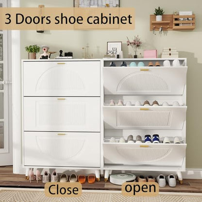 White Shoe Storage Cabinet: 32" Ultra Thin Small Shoe Cabinet | Modern Slim and Narrow Hidden Shoes Rack Organizer with Doors and 3 Flip Drawer for Entryway - size: 32"