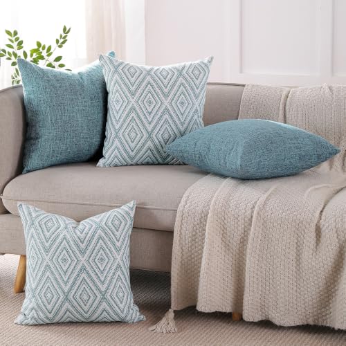 HPUK Throw Pillow Covers 18x18, Set of 4, Blue Textured Couch Pillow Covers | Polyester fabric, patterned and solid designs, hidden zippers, machine washable, for sofas and beds, inserts not included - color: Blue, size: 18" x 18" (Pack of 4)