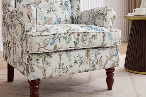 GDFStudio Modern Wingback Accent Chair with Solid Wood Legs and Cushion, Comfy Upholstered Floral Pattern Armchair, Retro Leisure Single Sofa Chair for Living Room Bedroom Home, Antique Blue 1 - color: Antique Blue 1