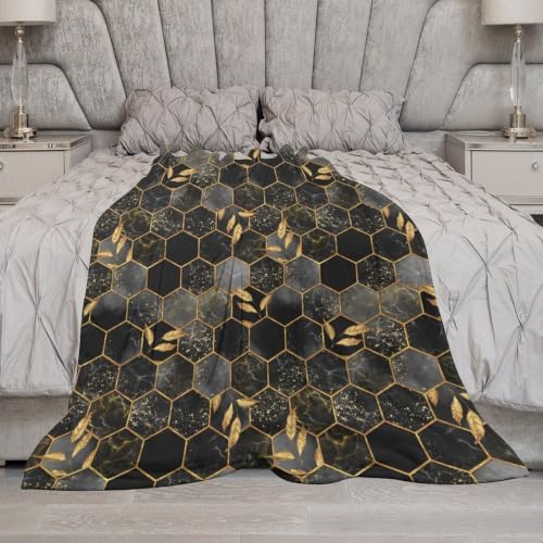 Marble Throw Blanket Black Honeycomb Grid Golden Leaves Pattern Soft Lightweight Warm Plush Blankets for Sofa Bedroom 60"x80" - color: Marble-10, size: 60"x80"