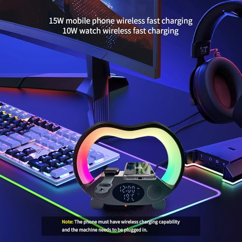 IHAO 6in1 Wireless Charging Station with Bluetooth Speaker Time&Temperature Display Alarm Clock 7-Color LED Night Lights Fast Charger for Phone, Apple Watch, Earbuds Remote Control Auto Shutoff-Black - color: 6in1 Wireless Charger Alarm Clock ZS932 Black