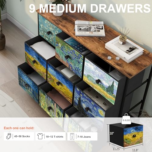 EXOTICA Van Gogh 9 Drawers Dresser Wide TV Stand Colorful Dressers & Chest of Drawers Enterway Furniture for Bedroom Living Room Hallway Closets Steel Frame Wood Top - size: 39.1"D x 11.8"W x 30.5"H (9 Drawers)