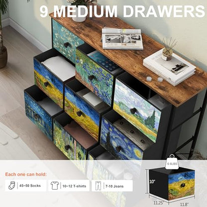 EXOTICA Van Gogh 9 Drawers Dresser Wide TV Stand Colorful Dressers & Chest of Drawers Enterway Furniture for Bedroom Living Room Hallway Closets Steel Frame Wood Top - size: 39.1"D x 11.8"W x 30.5"H (9 Drawers)
