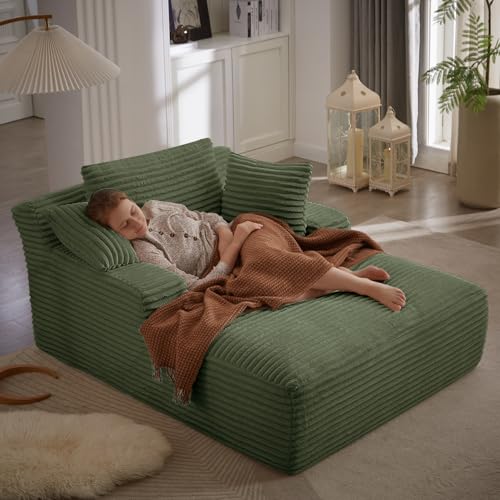 67 Inch Chaise Lounge Chair Indoor, Oversized Corduroy Upholstered Boneless Sofa Bed, Deep Seat Sleeper Couch Reading Chairs, Cloud Sofas Couches for Living Room, No Assembly Required (Olive Green) - color: Olive Green, size: 50"W x 67"D