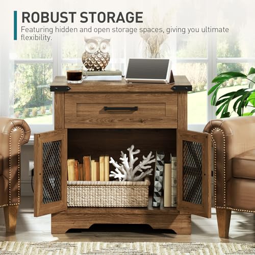 Walnut Farmhouse End Table with Charging Station, 24" Large Sofa Side Table with Drawer, Large End Table for Living Room, Wooden Nightstand with Outlet, Square, Walnut - color: Walnut