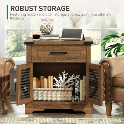Walnut Farmhouse End Table with Charging Station, 24" Large Sofa Side Table with Drawer, Large End Table for Living Room, Wooden Nightstand with Outlet, Square, Walnut - color: Walnut