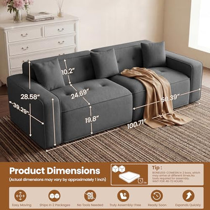 FiveWillowise 100" Cloud Boneless Modular Sectional Sofa,Grey | 2-Seater Loveseat with 24.69"Deep Seat,Floor Couch–Comfy Foam Upholstered Sofa for Living Room,Bedroom,Apartment,Chenille - color: Grey