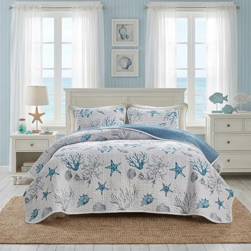 3 Piece Coastal Quilt Sets King Size - Reversible Microfiber Ocean Style Quilts with 2 Shams Soft Lightweight Beach Bedding Nautical Bedspread Coverlet Summer Comforter for All Season - color: Coastal, size: King-102*88in