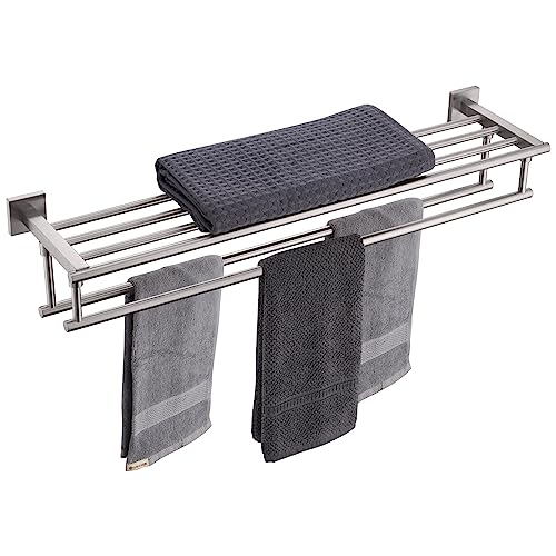 KOKOSIRI Towel Shelf with Double Towel Bars 32 Inches Bathroom Towel Rack Bath Towel Holder Wall Mounted Stainless Steel, Brushed Nickel, B6005BR-L32 - color: Brushed Steel, size: 32 Inch