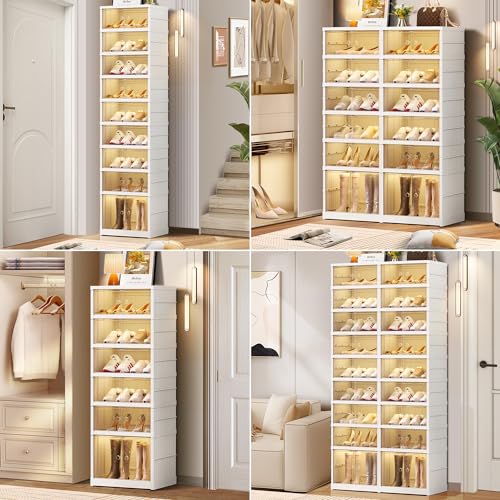 CIMLORD 9-Tier Foldable Shoe Rack, Magnetic Doors, 36 Pairs, White | Collapsible Plastic Shoe Cabinet, Stackable, Clear Doors, Bottom Wheels, Fits Boots, Easy Assembly, Closet & Entryway - size: 9 Tiers 36 Pairs