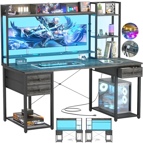 Aheaplus Desk with LED and Outlets, Gaming Desks with Hutch, 55.2'' Computer Desk with Drawers, Reversible Office Desk with Storage Bookshelf Large Workstation with Shelf, Desk for Home, Black Oak - color: Black Oak, size: 55.2''